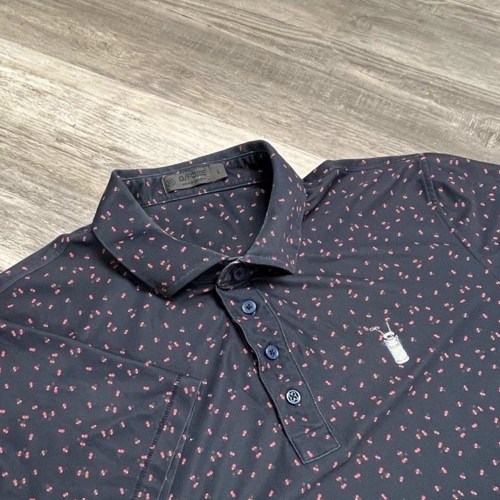 G/FORE - Navy Polo Shirt with Light Red Flowers